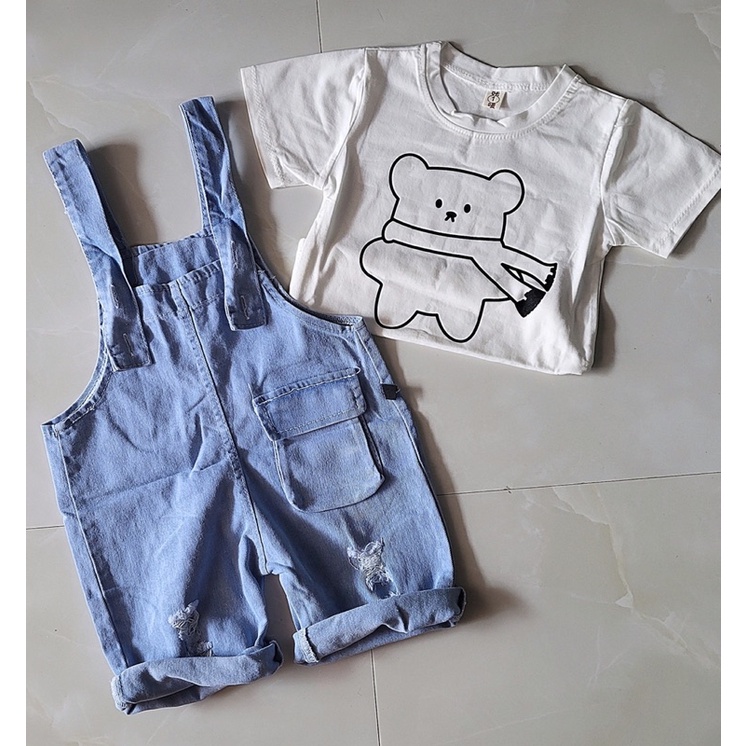 Set yếm jean áo gấu quàng khăn cho bé