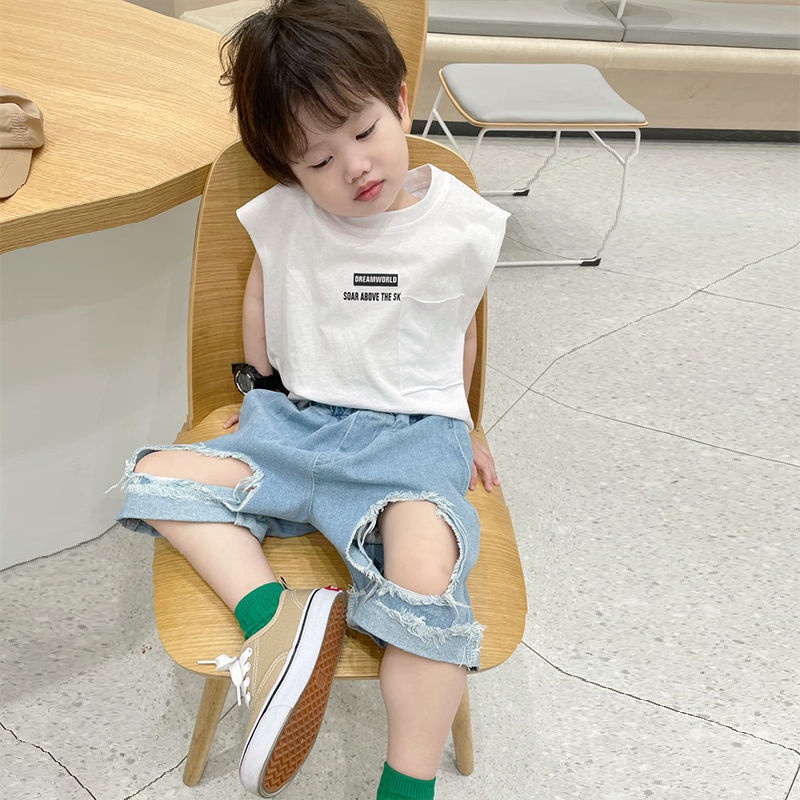 Set Áo Thun Không Tay Và Quần Jeans Rách Phong Cách Phương Tây Thời Trang Mùa Hè Cho Bé Trai