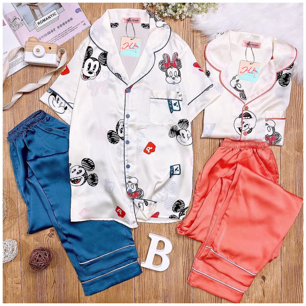 Đồ ngủ pijama lụa satin phối mickey