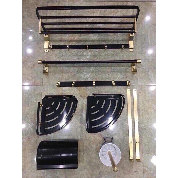 Bộ phụ kiện 6 món hợp kim nhôm mạ đen vàng, phụ kiên 6 món đen