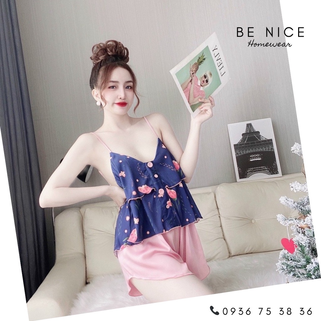 Bộ lụa dây ngắn phối màu và họa tiết xinh xắn cho nàng nhà Be Nice Homewear | BigBuy360 - bigbuy360.vn