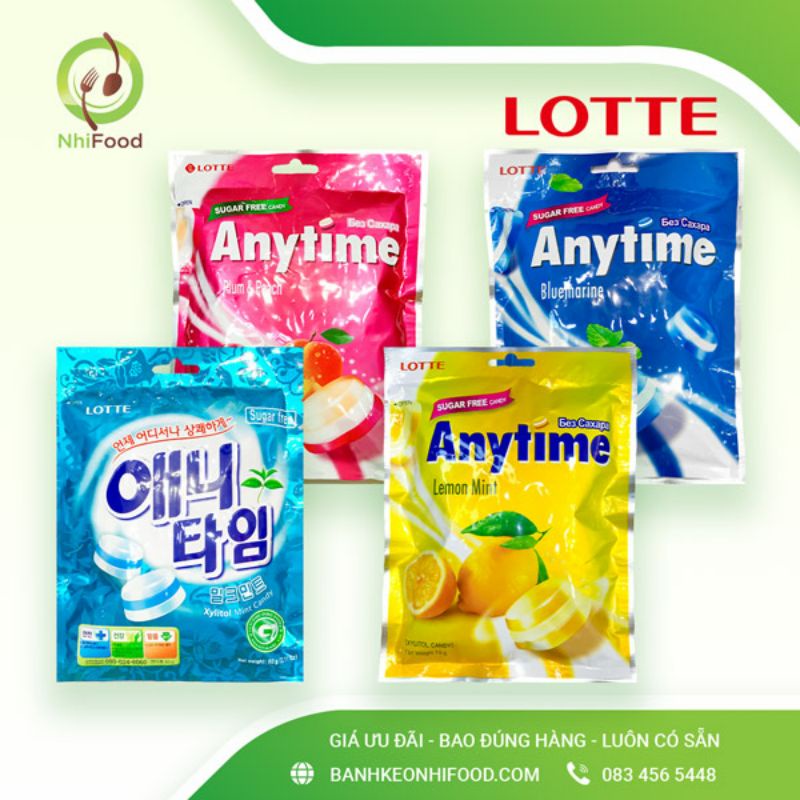 Kẹo Ngậm Không Đường Bạc Hà Lotte Anytime, Có 4 Vị, Gói 60g
