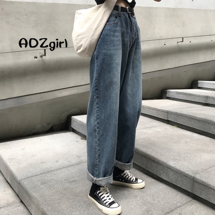 Quần jeans nữ lưng cao ống rộng thời trang Hàn