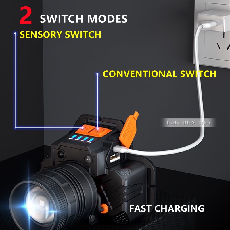 Đèn LED đội đầu chống nước đa năng kèm sạc USB tiện dụng cho hoạt động ngoài trời