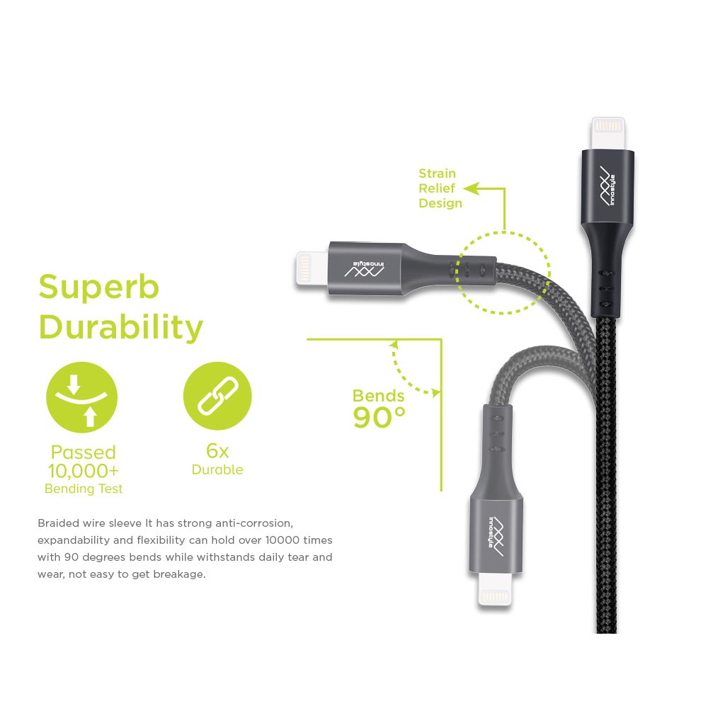 Cáp INNOSTYLE DURAFLEX 1.5M USB-A to Lightning chuẩn MFI iPhone/iPad/iPod