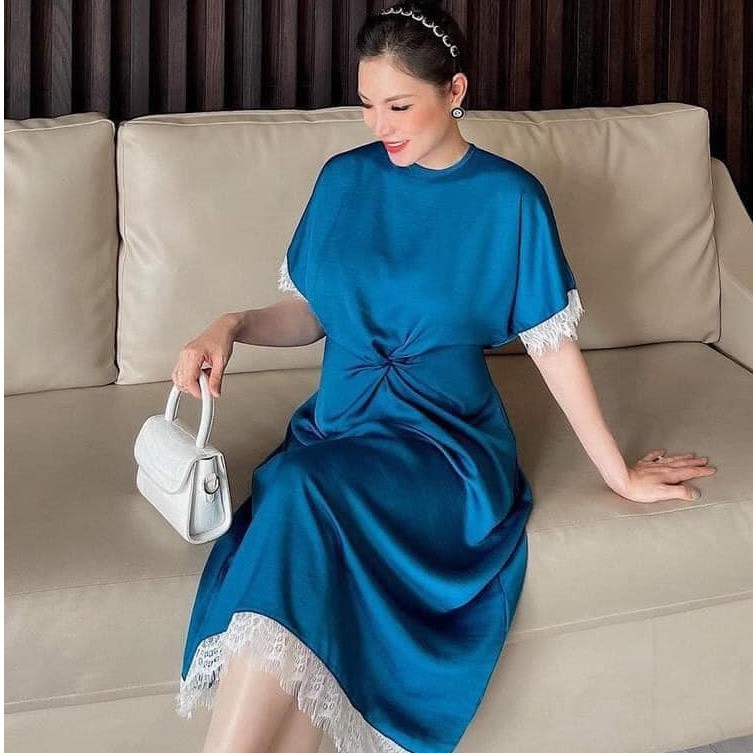 (HÀNG CHÍNH HÃNG) Đầm bầu lụa tằm cao cấp xoắn eo phối ren 2 màu đen, xanh