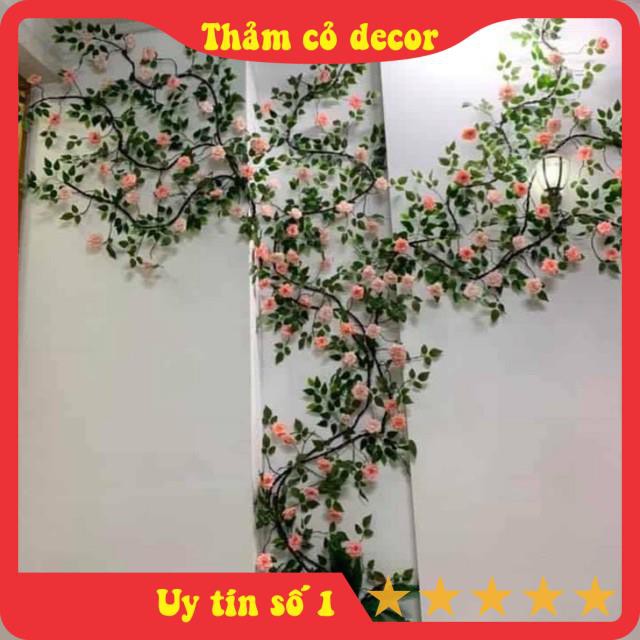 Dây hoa giả, Dây Hoa Hồng Leo Cổ dài 1m7, hồng leo giả decor thảm cỏ nhân tạo trang trí phòng khách, văn phòng, nhà hàng