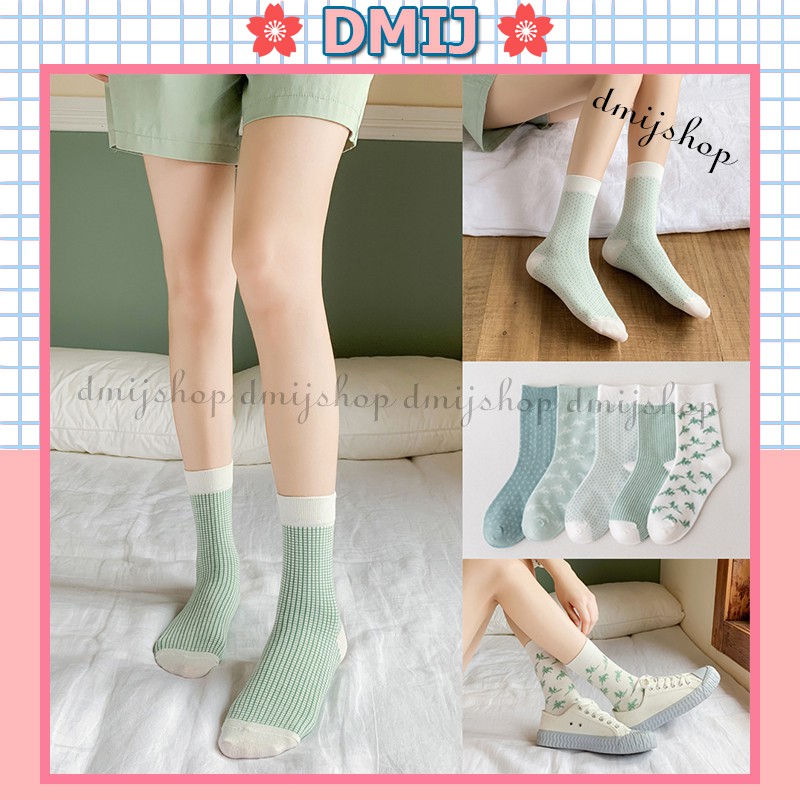 Tất nữ cổ cao phong cách vintage hàn quốc họa tiết xanh lá liễu