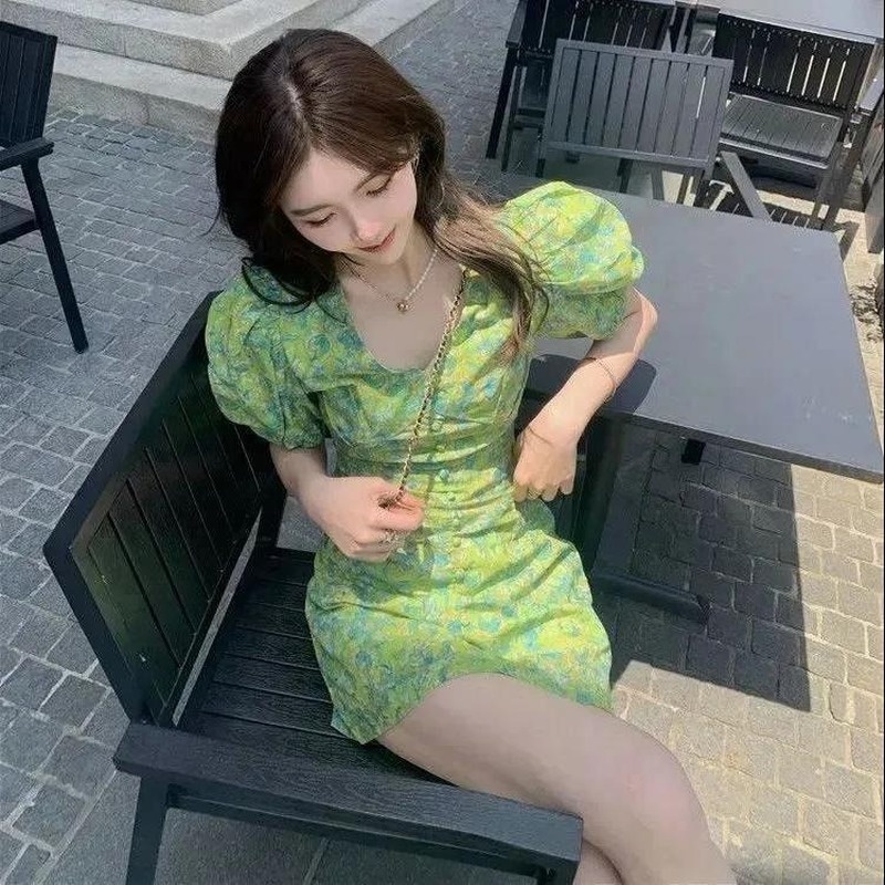 Đầm Công Chúa Mùa Hè Tay Phồng Màu Xanh Lá Họa Tiết Hoa Vỡ Kiểu Công Chúa Xinh Xắn