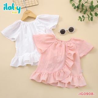 [25.6 GIẢM 40K ĐƠN 299K] Áo kiểu cho bé gái ILABY phối bèo lệch chất liệu thô đũi thoáng mát [22IG09080422]
