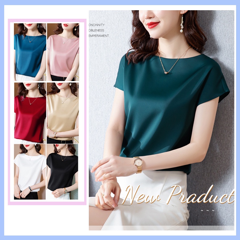 Áo Sơ Mi Tay Ngắn Cổ Tròn Bằng Lụa Satin 6 Màu Thời Trang Mùa Hè Cho Nữ