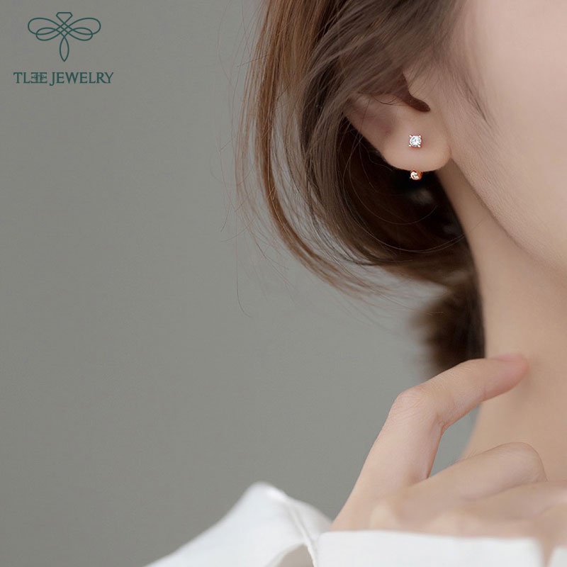 Khuyên tai bạc nữ TLEE mẫu nụ đá cong chốt bi vặn cá tính TleeJewelry B0252