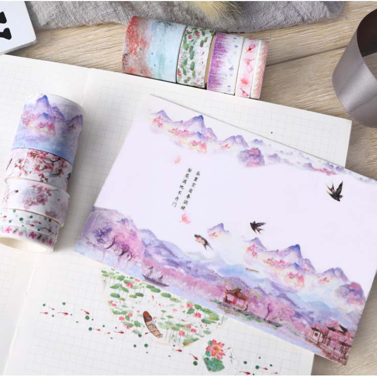 Set 10 Cuộn Băng Keo Washi Tape Màu Pastel Trang Trí Sổ Bullet Journal