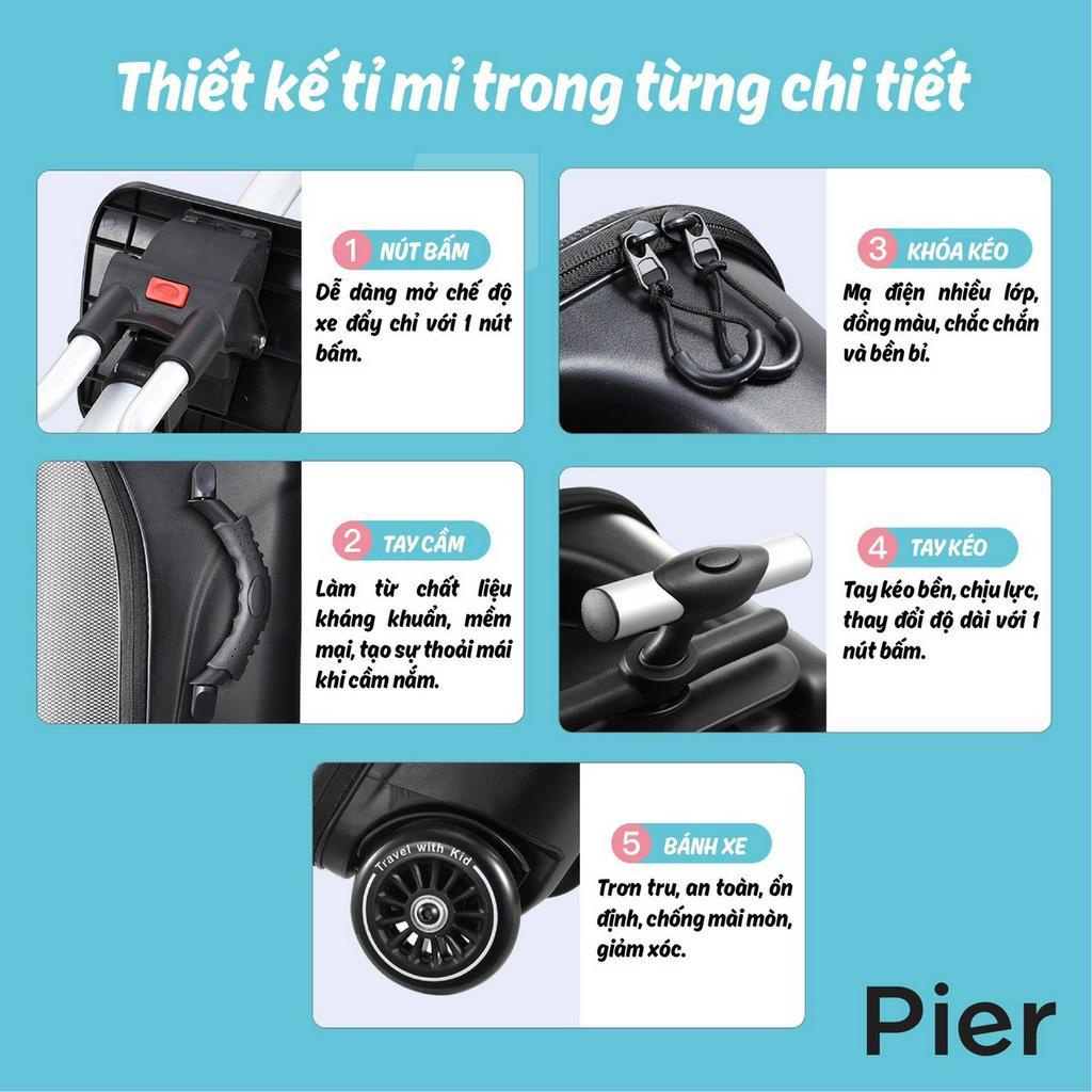 Xe đẩy kiêm vali Pier thuận tiện khi mang theo du lịch, Vali xe đẩy trẻ em hottrend 2 in 1 đựng đồ xe đẩy 2023