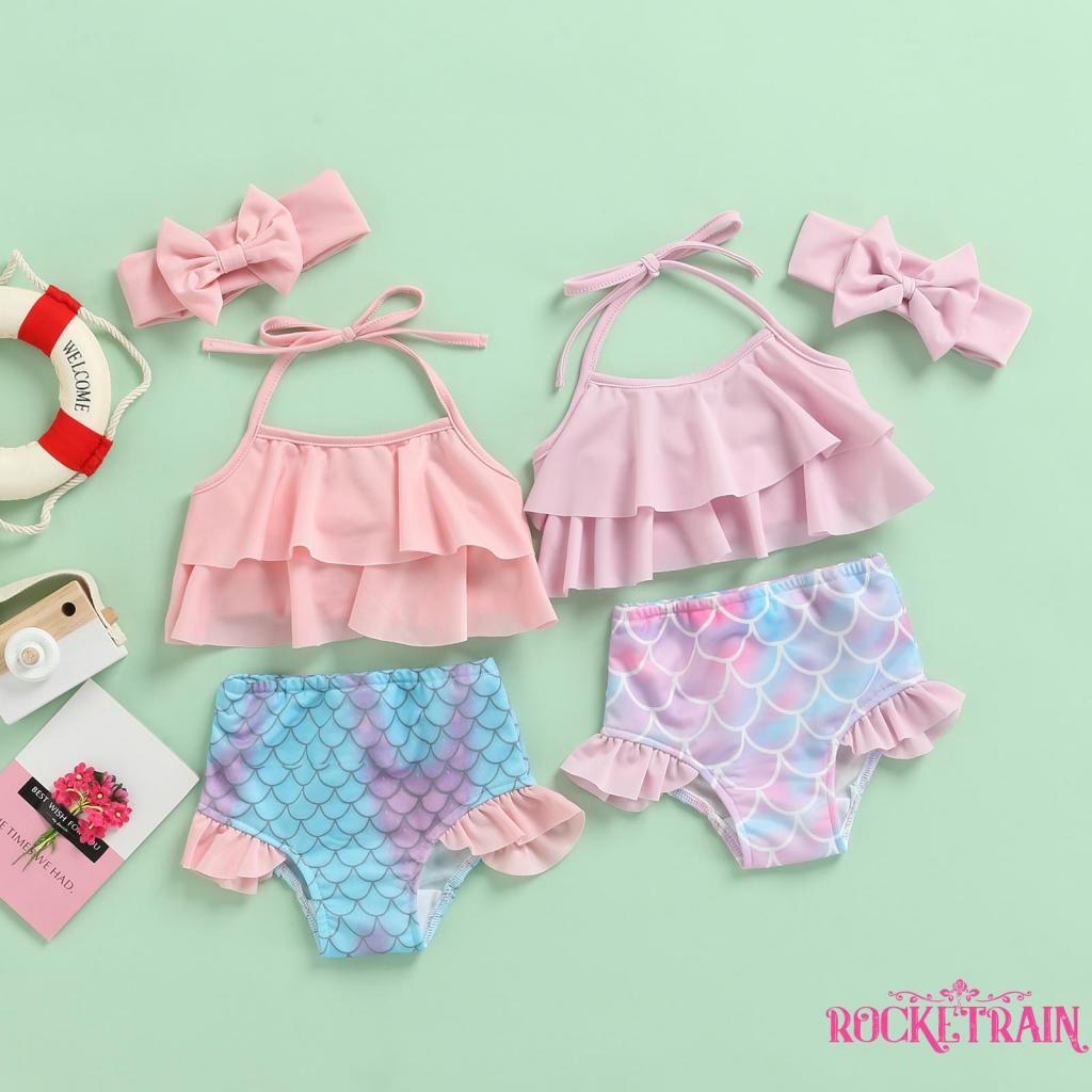 ☌Xt✡Set Đồ Bơi 3 Món Gồm Áo Hai Dây Nhún Bèo Màu Trơn + Quần Lót + Băng Đô Dành Cho Bé Gái