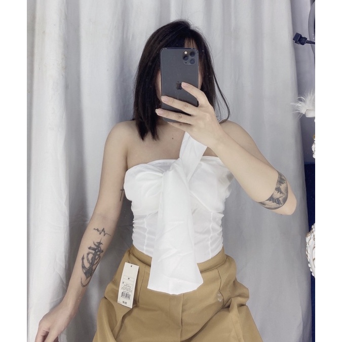 Áo lệch vai nơ ngực , áo ống croptop phối nơ siêu xinh