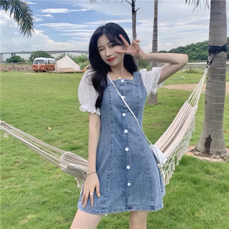 Váy vải bò/ đầm denim ngắn tay, tay bồng, hàng quảng châu loại 1