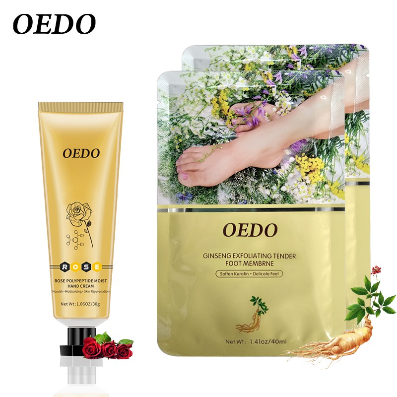 OEDO 2Packs Ginseng Exfoliating Foot Mask+Rose Polypeptide Moist Hand Cream 30g