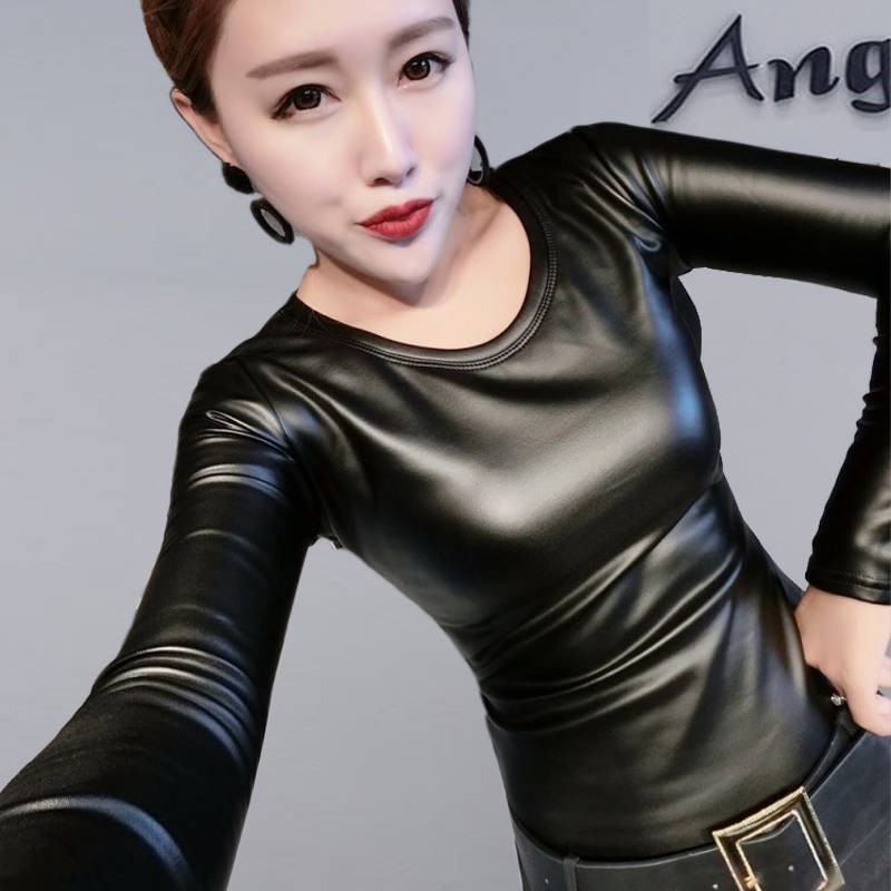 Plus Velvet Ấm áp Đàn hồi P P P P P PU Da Áo sơ mi Nữ Mùa đông Mới Hàn Quốc Phiên bản mỏng Thời trang Áo thun dài ta