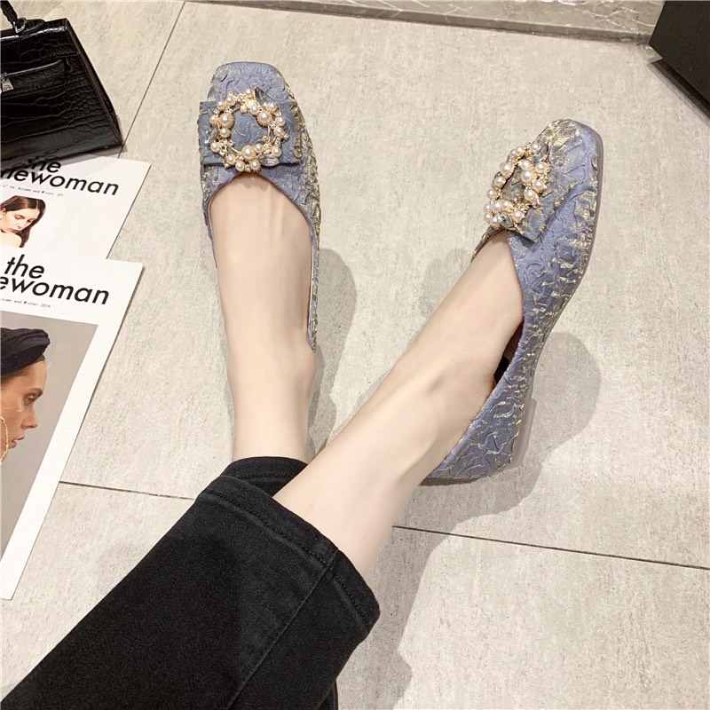 Giầy búp bê nữ tag khuy đá ngọc hàng QC da nhăn