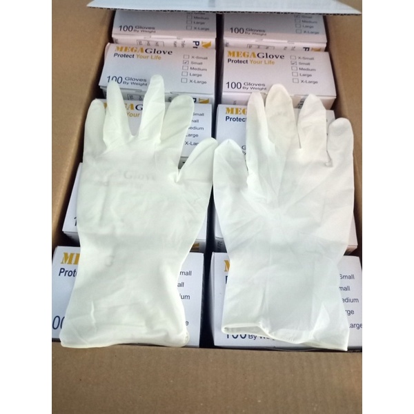 Găng tay y tế latex không bột Mega glove , size XS S M L XL, hộp 100 cái