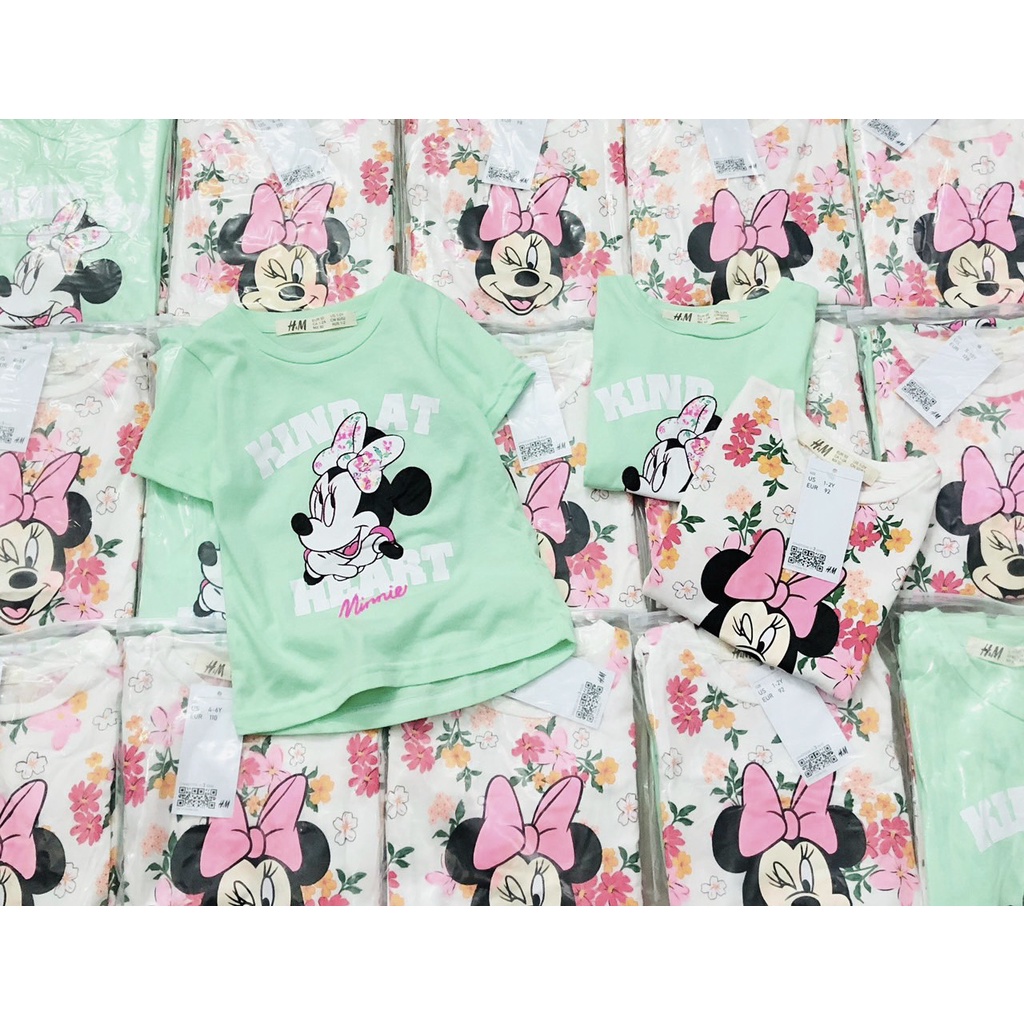 Áo thun cộc tay bé gái - Set 2 áo cotton cộc tay Minnie xanh HM cho bé gái size 2-10t