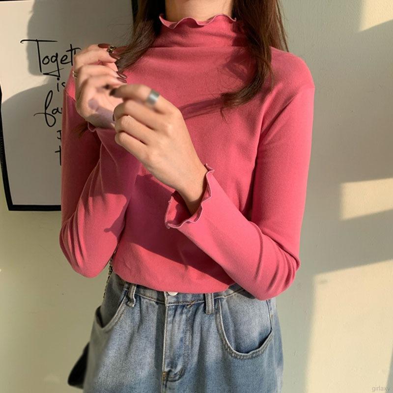 Áo thun cổ lọ tay dài màu trơn kiểu dáng đơn giản phong cách Hàn Quốc dễ phối đồ