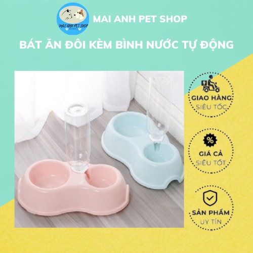 Bát ăn đôi kèm bình nước tự động cho chó mèo- tặng kèm bình nước 500ml.