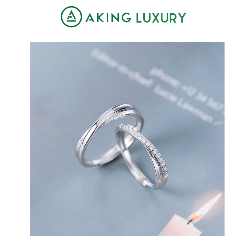 Nhẫn đôi AKING LUXURY AK05 cao cấp, nhẫn bạc nam đơn giản, nhẫn bạc nữ đính đá đẹp. Nhẫn cặp mới nhất 2021