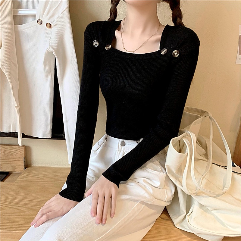 SUXI Áo Dệt Kim Tay Dài Cổ Vuông Màu Trơn Thời Trang Mùa Thu Phong Cách Hàn Quốc Cho Nữ