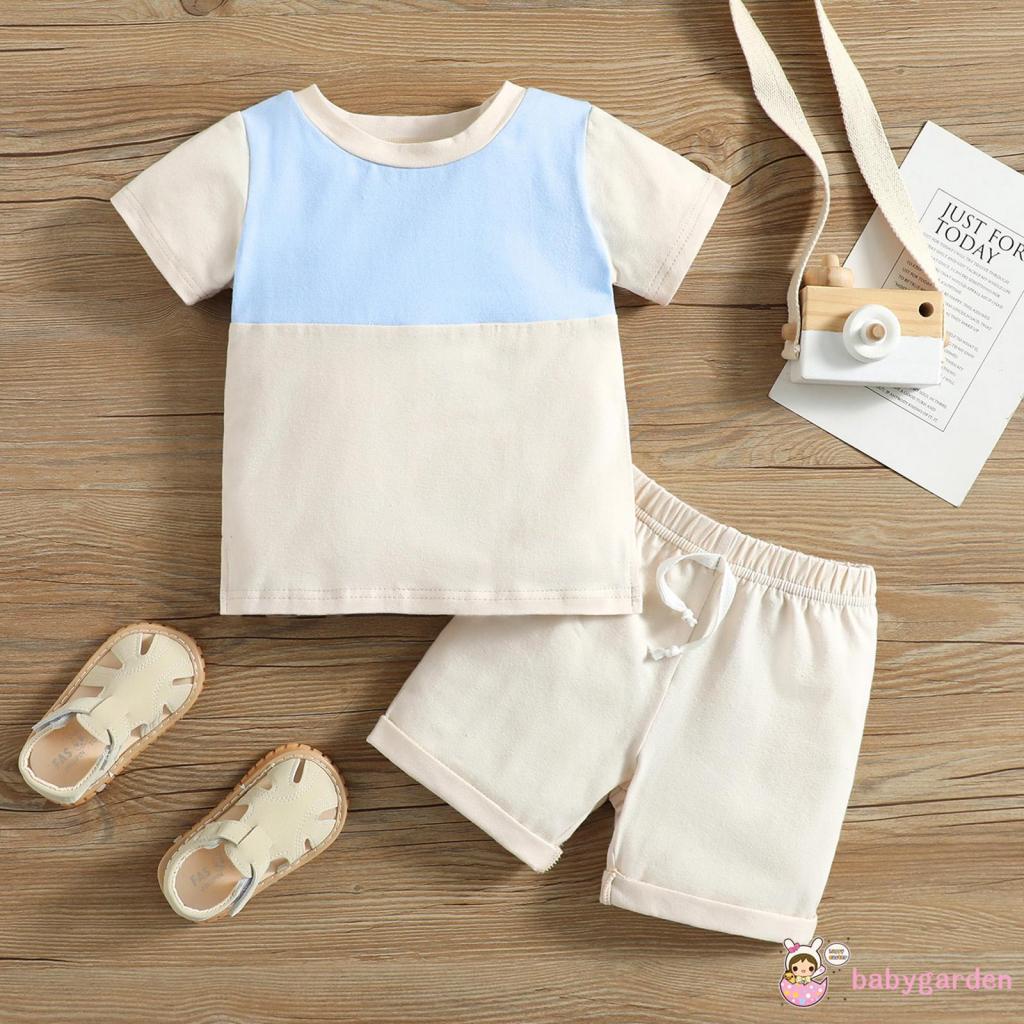 Bộ Áo Thun Ngắn Tay Cổ Tròn + Quần Short Co Giãn Tốt Màu Sắc Tương Phản Thời Trang Mùa Hè Cho Bé Từ 0-24 Tháng Tuổi