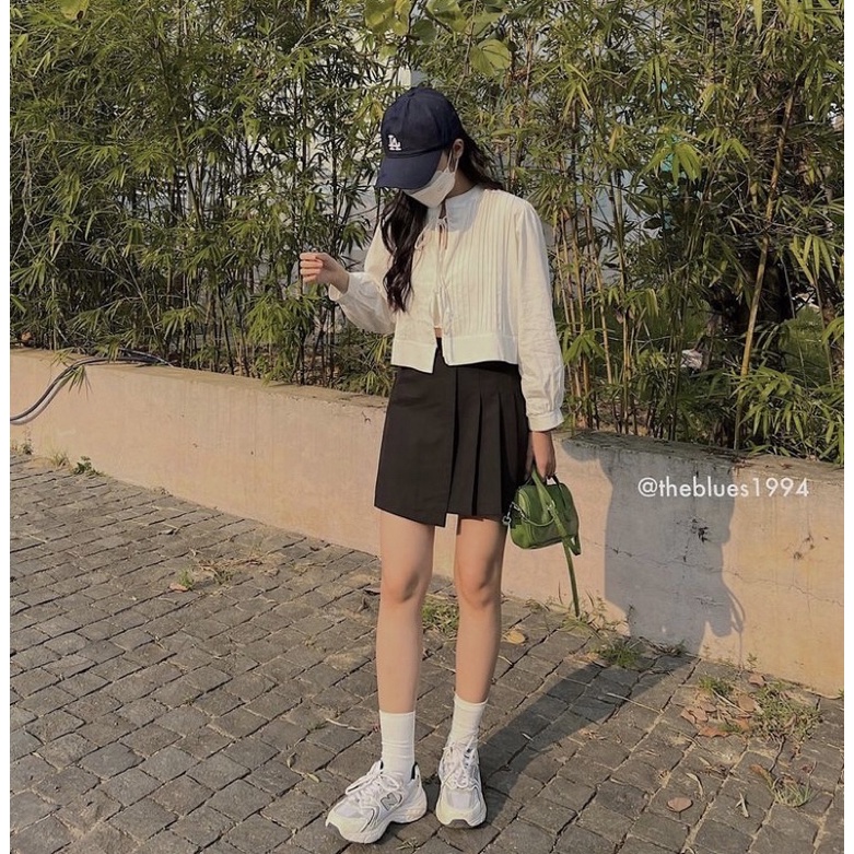 Set áo croptop babydoll thắt nơ ngực MIA TOP mix chân váy chữ A xếp ly lệch