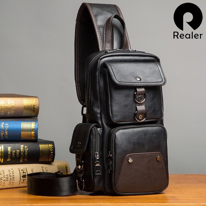 Túi đeo chéo da 5 ngăn cao cấp màu đen - phù hợp cho du lịch, đi học, thể thao hoặc đi làm