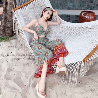 Set thổ cẩm áo dây xoắn ngực quần ống suông