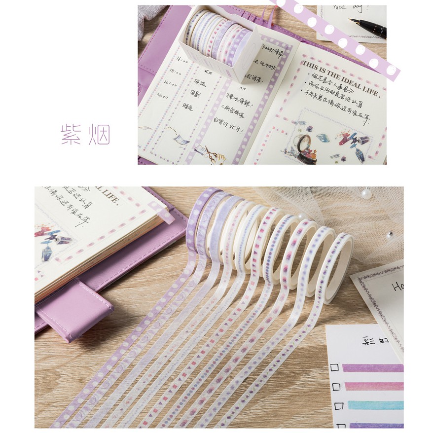 Lalunavn Set 10 cuộn băng dính washi nhiều màu sắc dùng trang trí scrapbook/album độc đáo