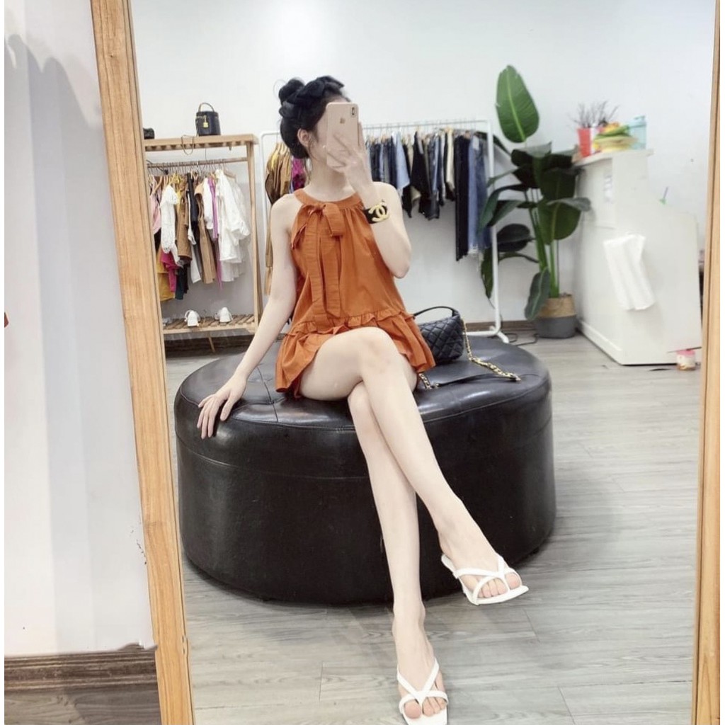 Set Áo Yếm Cam Nơ Cổ Kèm Quần Sooc Đũi Ren Hoa Siêu Xinh | BigBuy360 - bigbuy360.vn