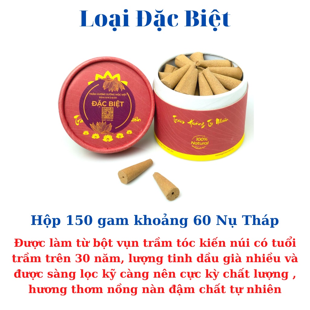 Nhang Nụ Trầm Hương Khói Ngược Sạch Nguyên Chất Tự Nhiên Không Hoá Chất Xưởng Mộc Việt - Hộp 150G ( Tầm 60 Nụ Tháp )