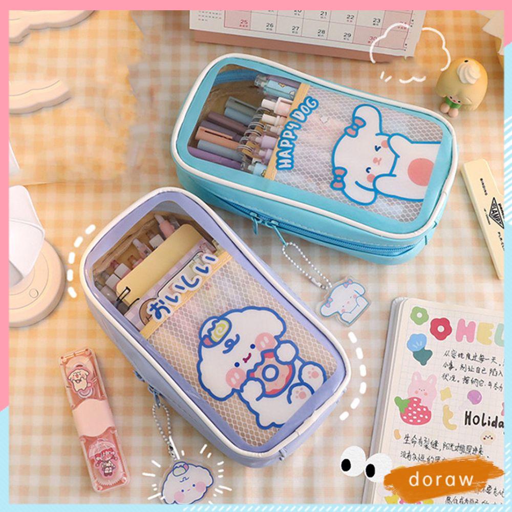 Túi Đựng Bút/Mỹ Phẩm Màu Trơn Dạng Lưới Trong Suốt Có Sức Chứa Lớn Có Khóa Kéo Tiện Dụng