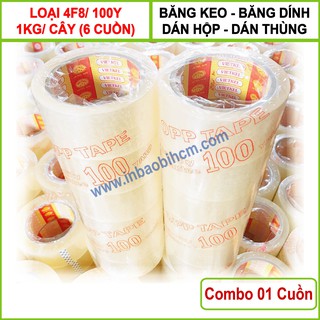 1 Cuộn Băng keo 100Y, loại 4F8, 1kg / Cây (6 cuộn), Lõi mõng 4mm, băng keo dán hộp, dán thùng giá rẽ, InbaobiHCM