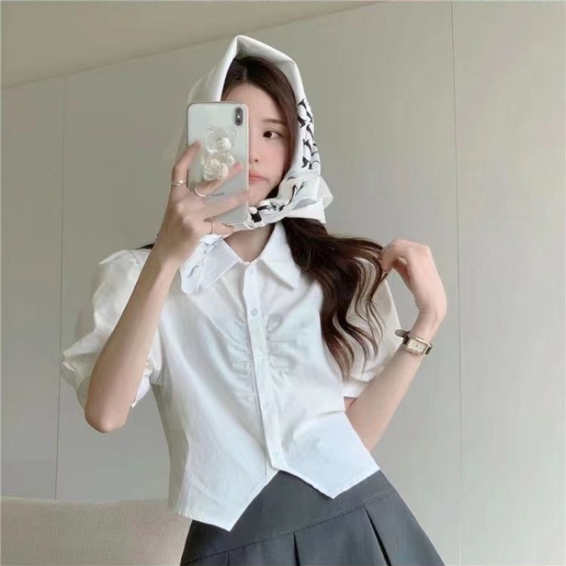 Áo sơ mi MURIOKI tay phồng màu trắng thiết kế không đồng đều phong cách Hàn Quốc thời trang cho nữ