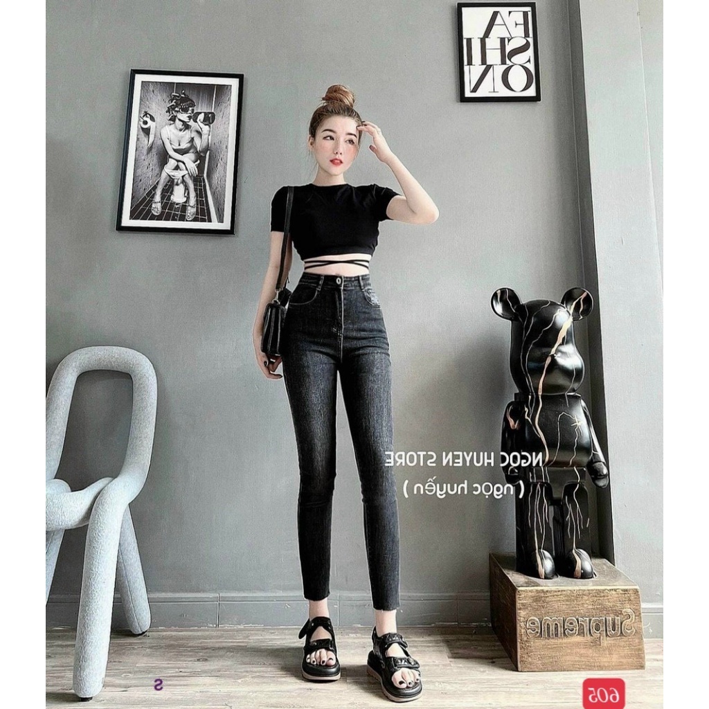 Quần jean nữ đen cao cấp - quần jean nữ lưng cao chất liệu denim co giãn (fom chuẩn shop) Lady-Hn Store88 Ms 605