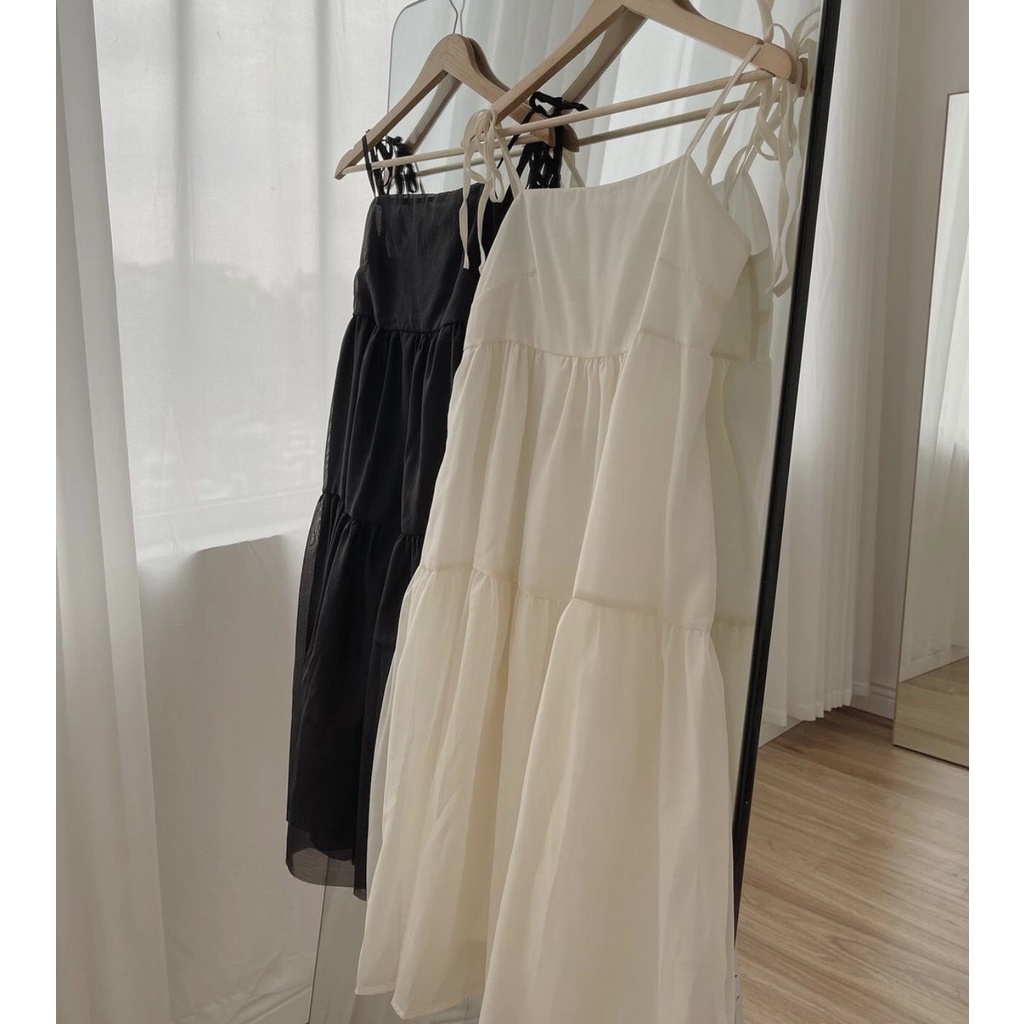 [Ảnh thật] Váy 2 dây babydoll voan tầng thắt nơ vai 2 lớp ulzzang - Đầm hai dây maxi dáng xòe 3 tầng