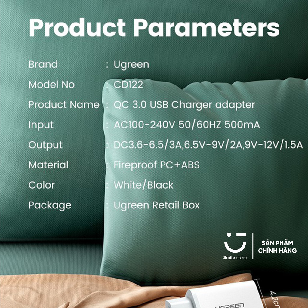 Củ Sạc Nhanh UGREEN QC 3.0 18W Chất Lượng Cao Hỗ Trợ QC 3.0 Dành Cho Samsung Xiaomi Oppo Realme Vsmart Và Máy Tính Bảng