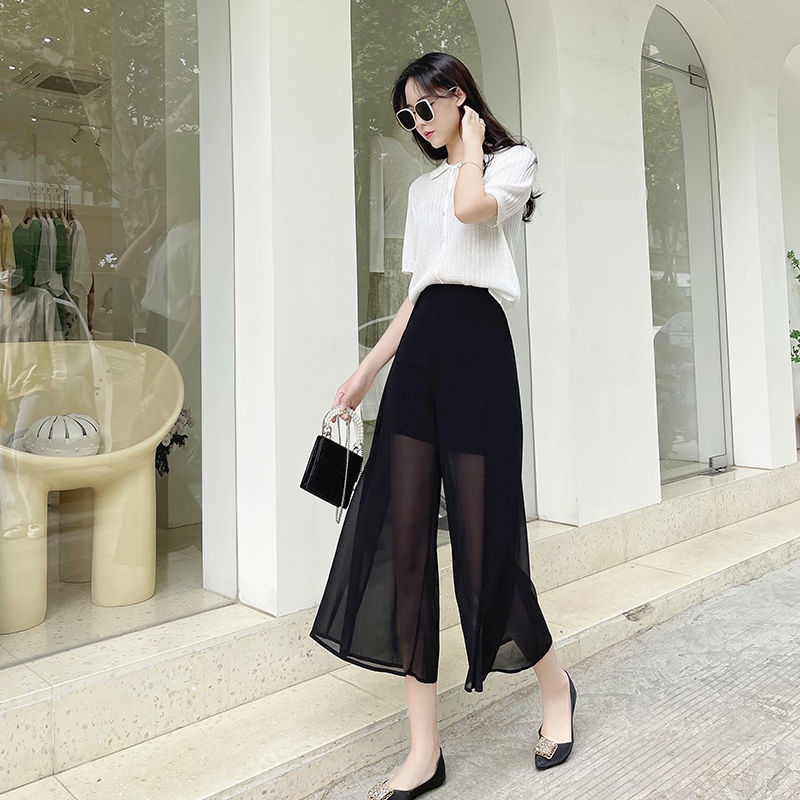 Quần Dài Ống Rộng Vải Voan Mỏng Eo Cao Xẻ Tà Kiểu Hàn Quốc Thời Trang Cho Học Sinh