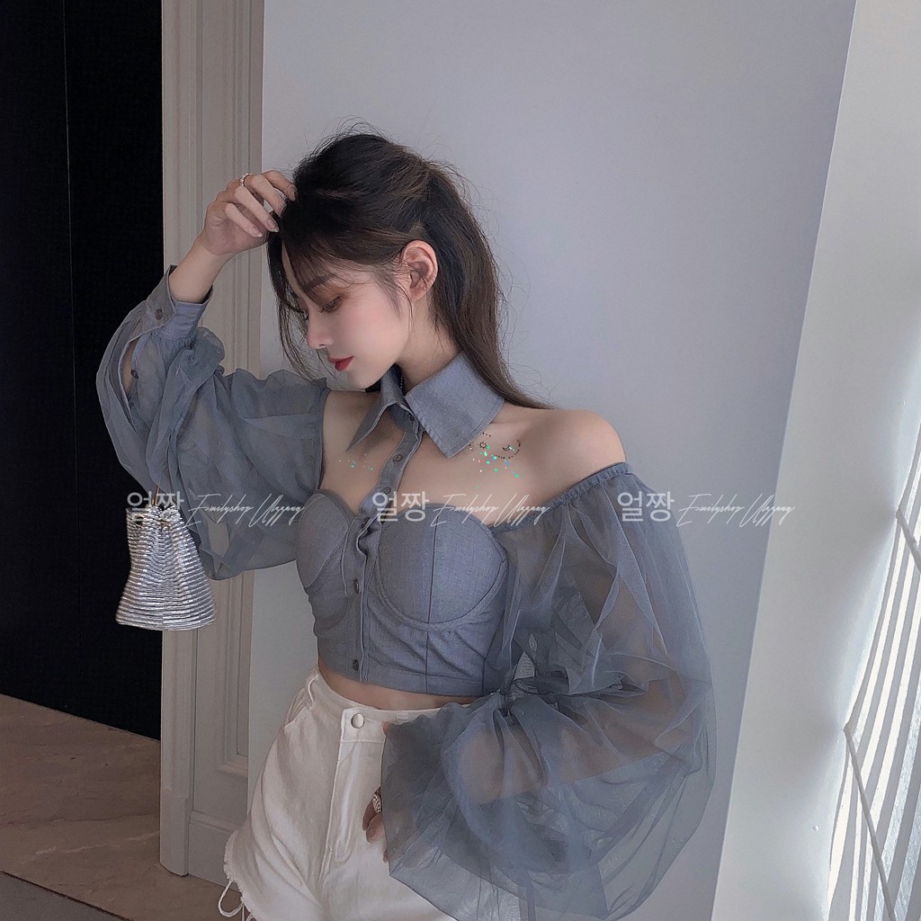 ÁO SƠ MI NỮ TAY DÀI PHỐI LƯỚI QUẢNG CHÂU