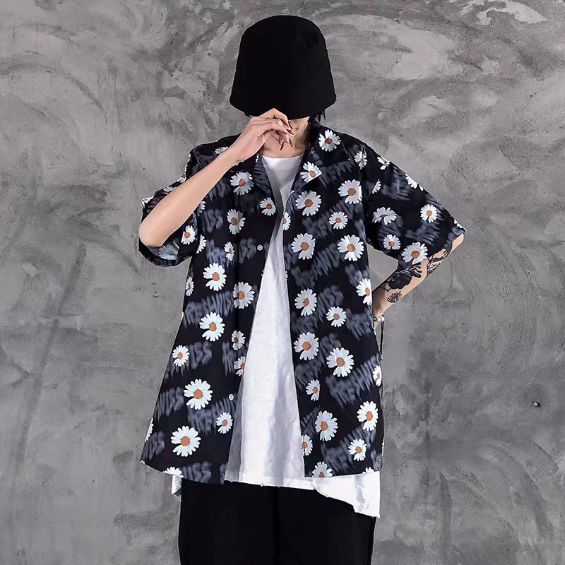 ÁO POLO CỔ BẺ LOANG HOA CÚC - ÁO SƠ MI TAY LỠ IN HOA CÚC TRẮNG ĐEN ULZZANG