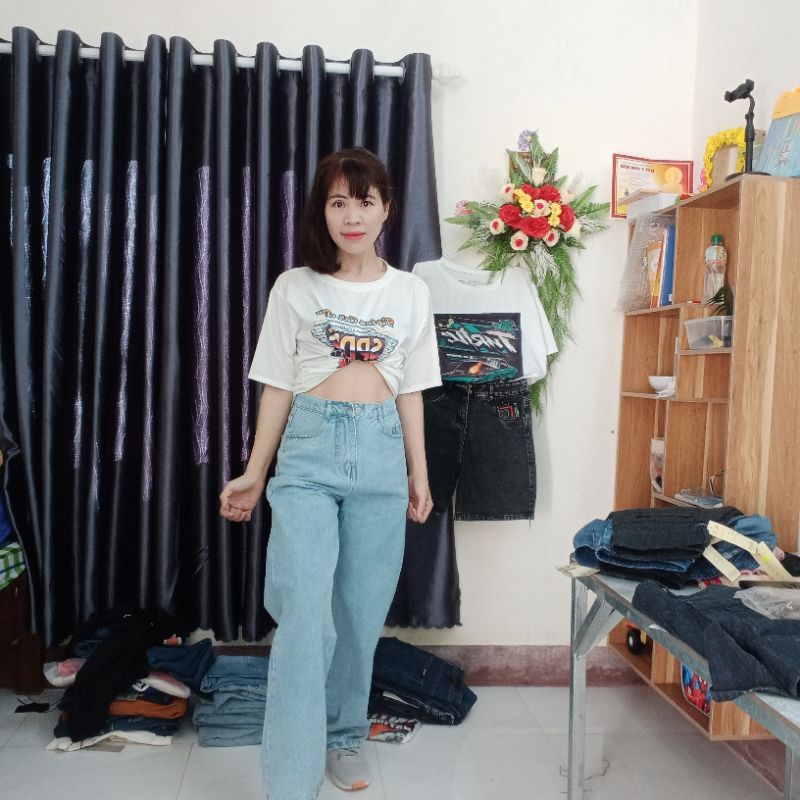 Quần jean nữ ống suông cạp lưng siêu cao chất mền đẹp cho phái đẹp | BigBuy360 - bigbuy360.vn