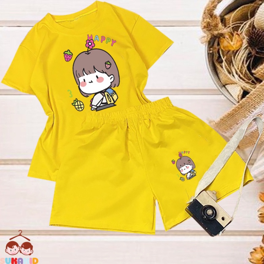 ( Km ) Combo 3 Đồ bộ ngắn tay bộ bé gái hinh bé gái happy trái dâu, thơm cho be từ 6kg-29kg.BDBG61.