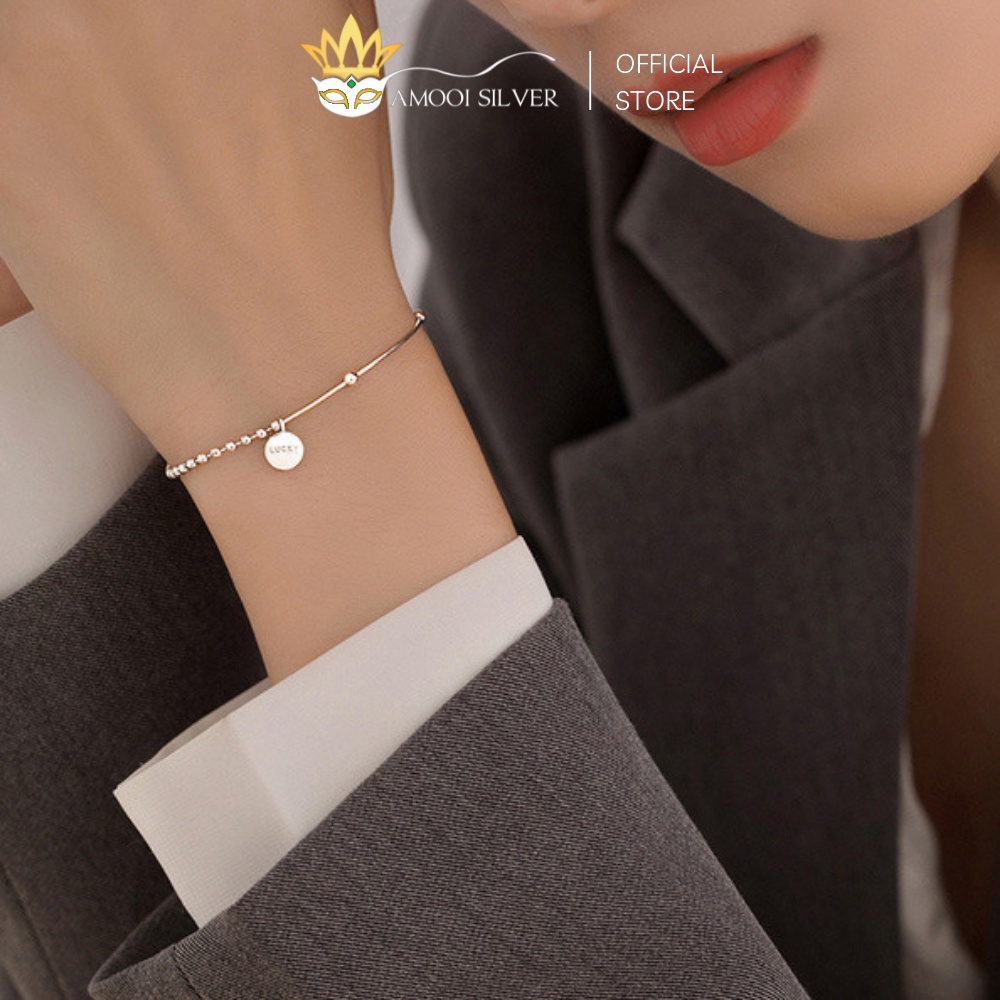 Lắc Tay Bạc S925 2 Loại Dây Bi Và Dây Charm Tròn Khắc Chữ Lucky - Amooi Silver AT53