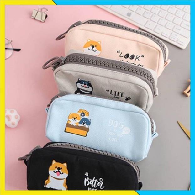 [FREESHIP] Bóp viết vải, hộp bút chú chó dây kéo zipper